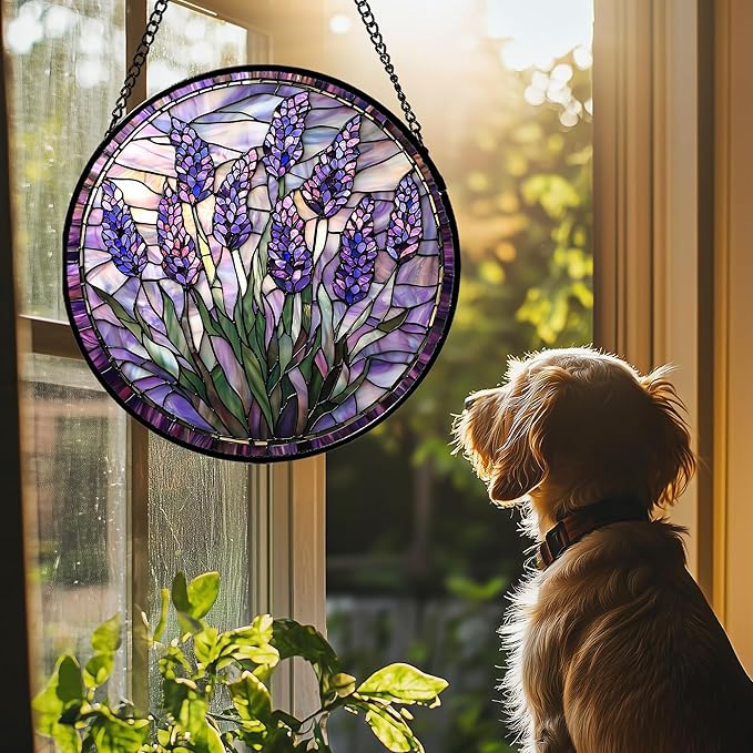 Stained Glass Window Hanging - Purple Flowers Suncatcher for Door Terrace Garden Home Decor Lavender Plant Floral Sun Catcher Birthday Gifts for Lovers Women Men Dad Mom Nana 6.3 in