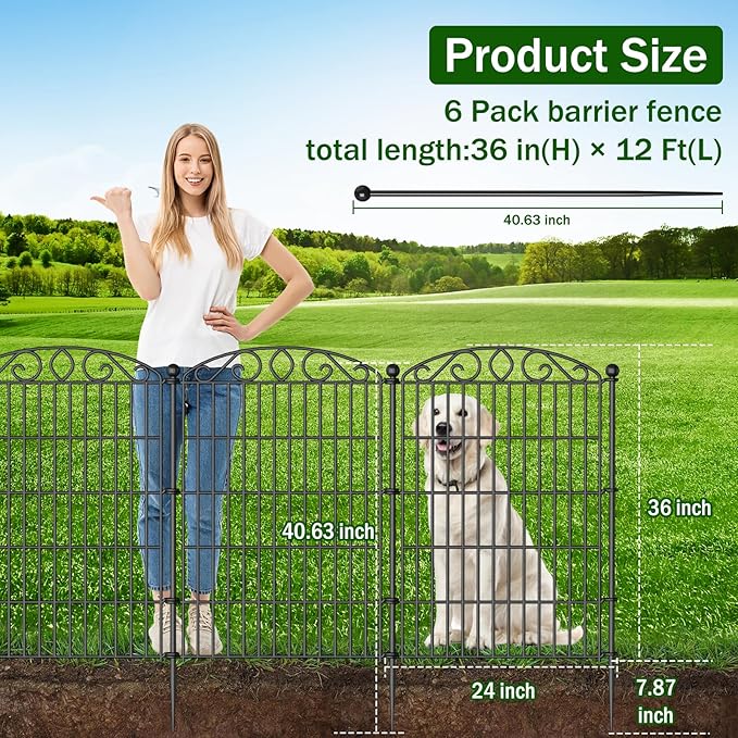 No Dig Decorative Garden Fence 6 Panel - 36in H x 12ft L, Tall Animal Barrier for Dogs Rabbits, Rustproof Metal Wire Panels for Yard, Patio, and Outdoor Border Use