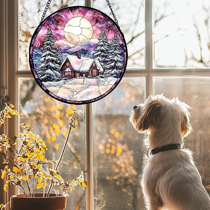 Stained Glass Window Hanging - Winter Snow Scene Cabin Moon Sun Catcher for Door Garden Home Decor Pine Tree Suncatcher Christmas Mother's Day Birthday Gifts for Women Men Mom Nana 6.3 in