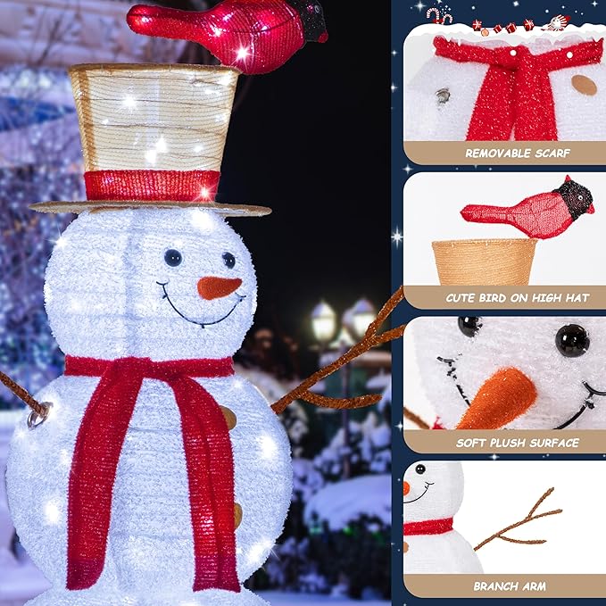 NALONE Lighted Snowman Christmas Decoration, Cool White Collapsible Snowman with LED Lights and Timer for Outdoor Yard Home (4FT)
