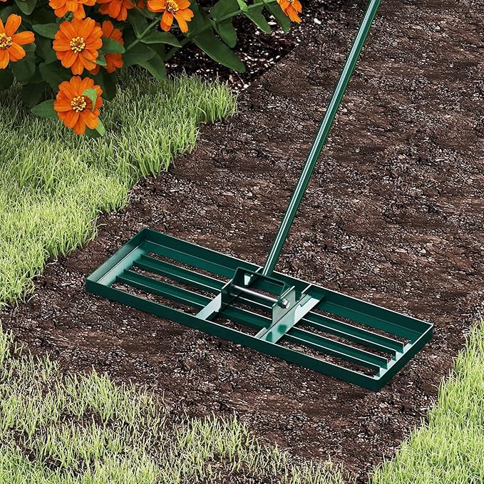 30" x 10" Lawn Leveling Rake, Heavy Duty Landscape Rake with 67" Handle, Non-Slip Grip & Flat Head, Space-Saving Lawn Level Tool for Garden, Backyard, Golf Course & Sports Field(Green)