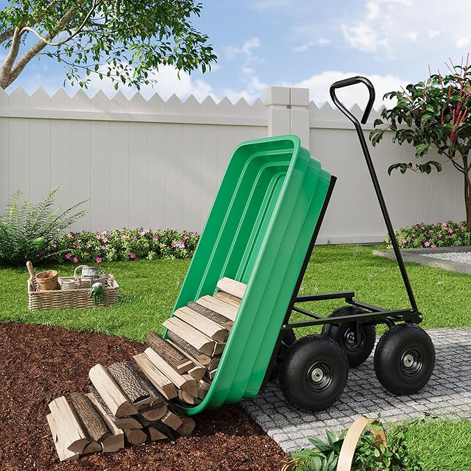 4 Cu.Ft. 600Lbs Garden Cart Dump Wagon, Heavy-Duty 4 Wheel Wheelbarrow Yard Cart with 10-Inch All-Terrain Wheels, Features A Quick-Release Tipping Function, for Courtyards, Farm and Gardening