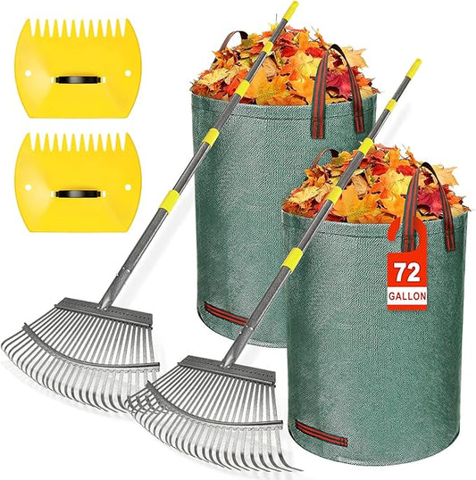 2 Pack Large 18" Wide Metal Leaf Rake, 25 Tines,65” Long Handle,Heavy Duty Graden Rakes Set for Lawn Yard Pine Needles Mulch Thatch Debris Cleanup Set with 2 Pack 72Gallon Leaf Bags and Scoops