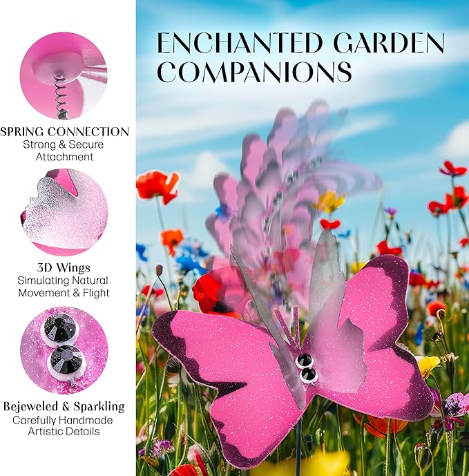 Handmade Lilac Pink Butterfly Garden Stakes Set of 7 - Decorative Outdoor & Indoor Plant Decor - Nature Lover Gift Idea by Air Aquarium Kushner
