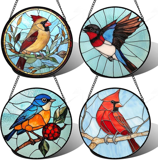 Stained Glass Window Hanging 4 Pcs Set Cardinal Blue Birds Large 11.8" - Suncatcher Door Garden Sun Catcher Decor Birthday Mother's Day for Bird Lovers Men Woman Nana Friend