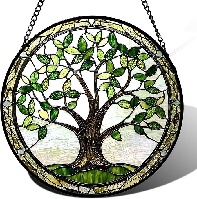 Stained Glass Window Hanging - Brown Tree Trunk Green Leaves Sun Catcher for Door Garden Home Decor Plant Suncatcher Christmas Mother's Day Birthday Gifts for Women Men Mom Nana 11.8 in