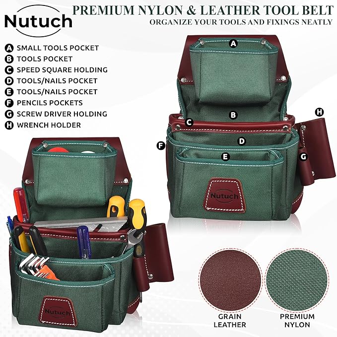 Nylon and Leather Tool Belt | Nylon Tool Pouch | Carpenter Tool Belt | Construction | Framers | Electrician Tool Belts | Drywall Tool Bags | Handyman | Electric (GREEN)
