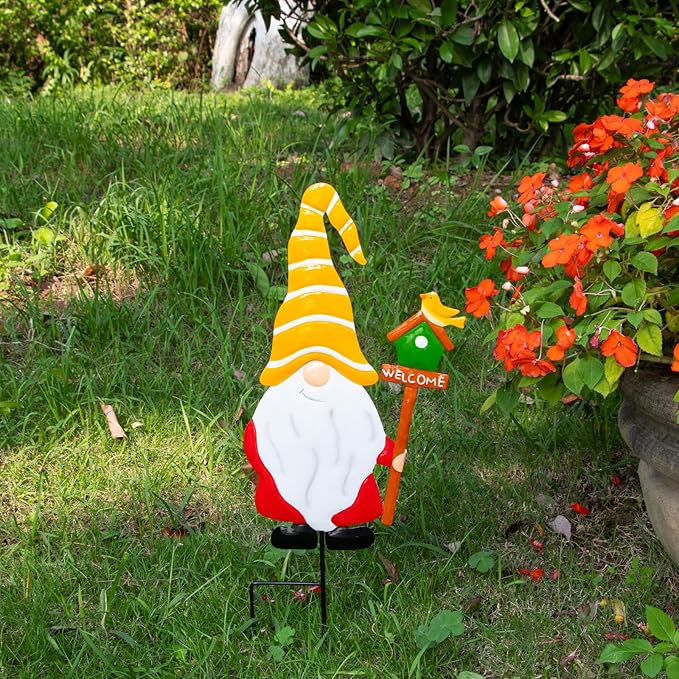 Metal Christmas Yard Signs Decor for Rust Prevention, Christmas Yard Stakes with Gnomes for Outside Garden Yard Lawn Porch Holiday Party(Yellow)
