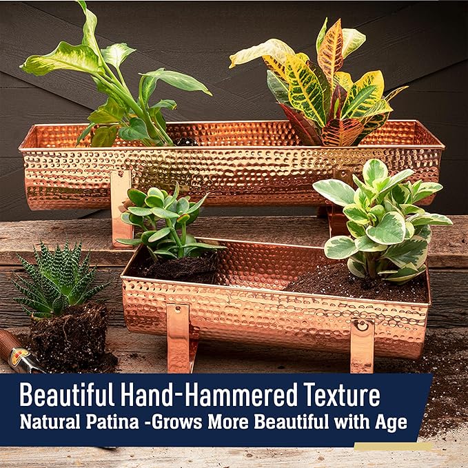 Kings County Tools Copper Window Planter Box for Indoor and Outdoor Use - 15.5” Rectangle Flower Pots Outdoor Planters with Water-Resistant Solid Copper - Beautiful Pots for Plants