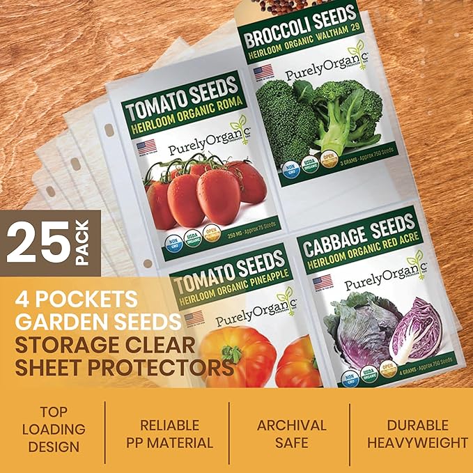 Performore Seed Packet Storage Sleeves 25-Pack | Top-Loading 4-Pocket Binder Pages (Single-Sided) Holds 3.5" x 5.25" Seed Packets | 3-Ring Binder Compatible for Gardeners & Organizers