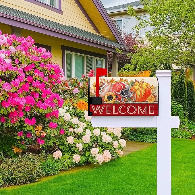 Welcome Fall Mailbox Covers Autumn Football Mail Box Cover Magnetic Standard Size 21x18 inch Sunflower Pumpkin Maple Leaf Mailbox Wraps for Outside Garden Yard