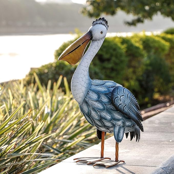 TERESA'S COLLECTIONS Pelican Statues Outdoor Decor, 16.5" Coastal Ocean Bird Garden Statues & Sculptures, Metal Yard Art Lawn Ornaments for Patio, Pond, Pool, Backyard Decorations
