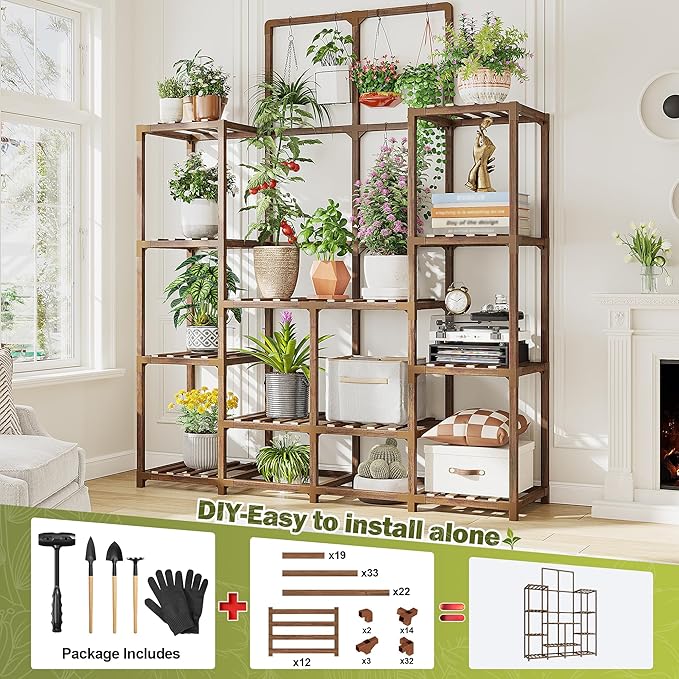 EnHomee Plant Stand Indoor Tall Plant Stand Outdoor Large Wood Plant Shelf Indoor for 18 Pots Plants,4-tiers Plant Holder for Patio Living Room Gardening Balcony 45" Wx62.1 Hx11.78 D