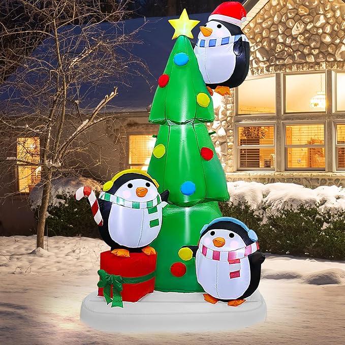 Joliyoou 8FT Christmas Inflatable Yard Decoration, Blow Up Giant Christmas Tree with Penguins Placing Star, Air-Blown Outdoor Holiday Display with Built-in LED and RGB Lights for Xmas Lawn Decor