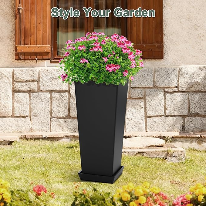 24" Set of 2 Tall Planters, Large Outdoor Flower Pots with Drainage Tray Modern Indoor Tapered Planter for Patio, Garden, Front Porch, Backyard (Black)