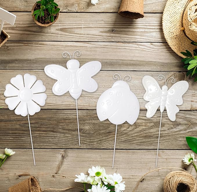 Gift Boutique Paint Your Own Metal Yard Stakes – 4 Pack Butterfly, Bee, Ladybug, Flower Garden Decor Craft Kit for Kids & Adults, Spring/Summer