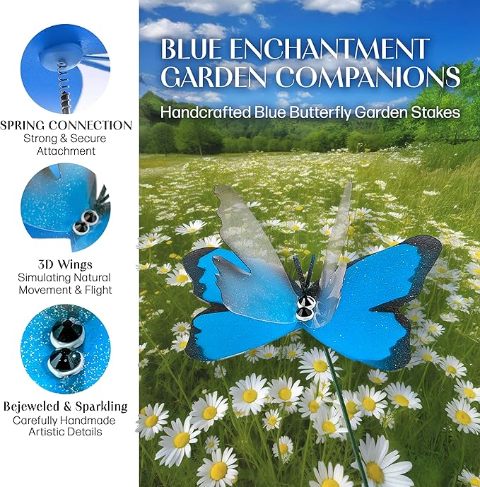 Handmade Sky Blue Butterfly Garden Stakes Set of 7 - Decorative Outdoor & Indoor Plant Decor - Nature Lover Gift Idea by Air Aquarium Kushner