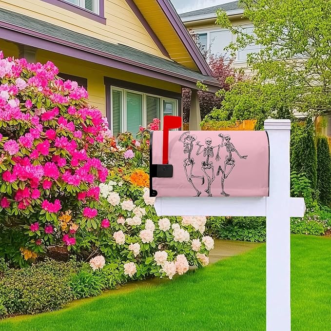 Halloween Skull Mailbox Covers Magnetic Standard Size 21x18 inch Scared Mail Box Cover Pink Mailbox Wraps for Outdoor Garden Decor