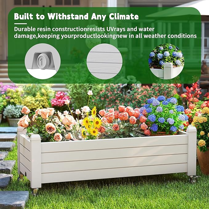 EasyUp Horticulture Garden Bed, Divisible Resin Planter Box for Backyard, Patio, Balcony, with 4 Legs and 4 Swivel Lockable Wheels(Ashen,43.31 * 17.72 * 17.56)