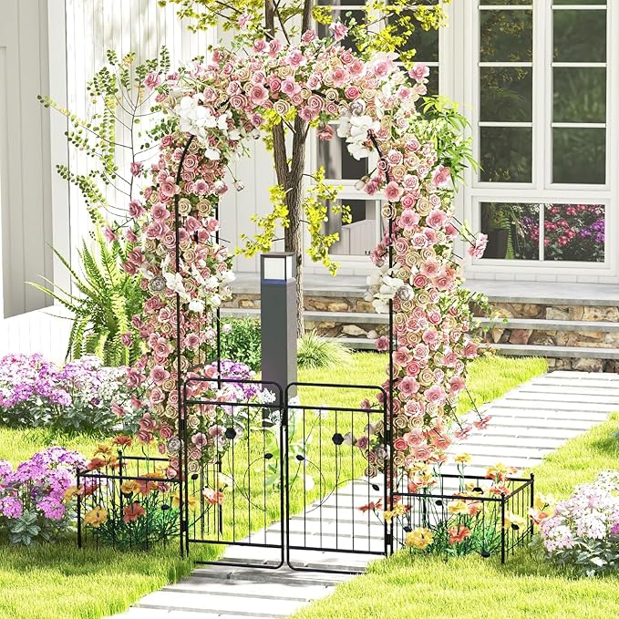 Moccha Garden Arch with Gate and Planter Boxes - 87" Metal Arbor Trellis for Climbing Plants Rose Vine, Heavy-Duty Archway Pergola, Garden Arbor for Wedding Ceremony Decoration Lawn Patio Bridal Party