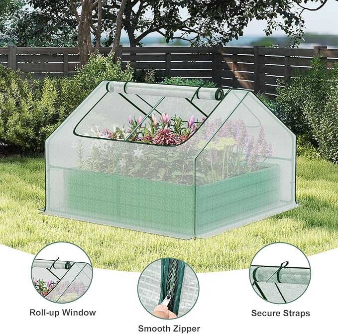 Aoodor 4 x 4 x 1 ft Galvanized Raised Garden Bed, Mini Greenhouse Kit with 2 Roll-up Zipper Doors for Vegetables, Flowers, and Herbs, White