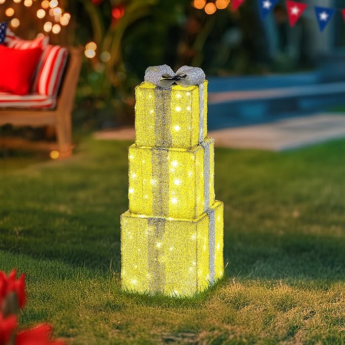 SUNJOY Large Christmas Decoration 2.8 FT Inch Illuminated Stacking Gift Box, 3D Tinsel Santa Stacking Gift Box Outdoor Garden Yard Lawn Festive Holiday Decoration with Lights for Indoor & Outdoor