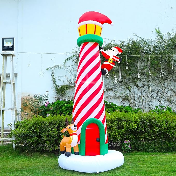 Lulu Home 10FT Christmas Inflatable Decoration, Giant Lighted Lighthouse Blowups with Santa and Reindeer, Air-Blown Ornaments with Storage Bags for Xmas Winter Yard Lawn Garden Outdoor Decor