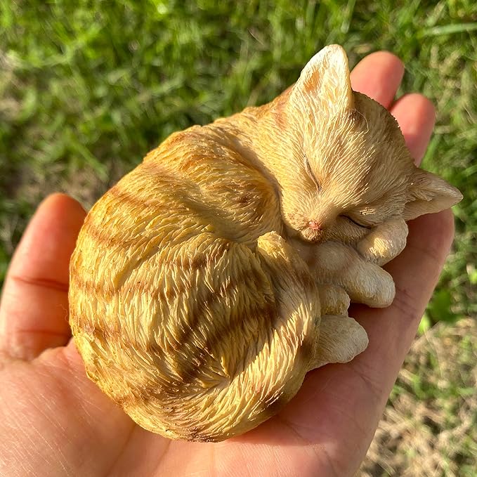 Mini Resin Orange Tabby Cat Statue, Simulated Feline Sleeping Kitten Sculpture, Hand Painted Pet Memorial Figurine for Garden, Desk, or Shelf Decor