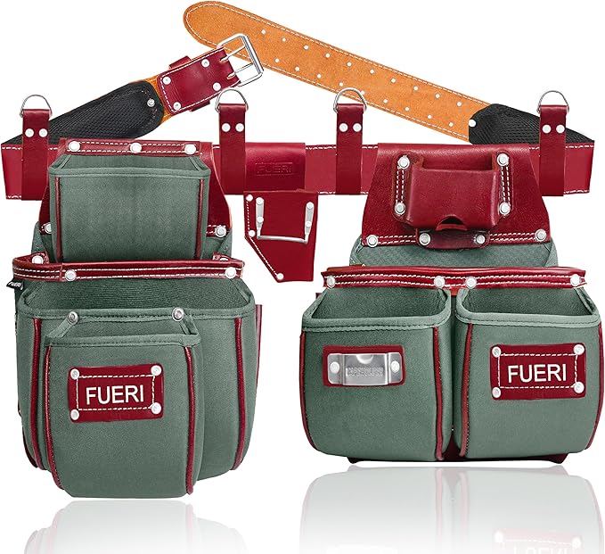 FUERI Tool Belt Heavy Duty Nylon Leather Carpenters Tool Pouches Bags Organizer for Men Construction Electricians Framers Ironworkers Women