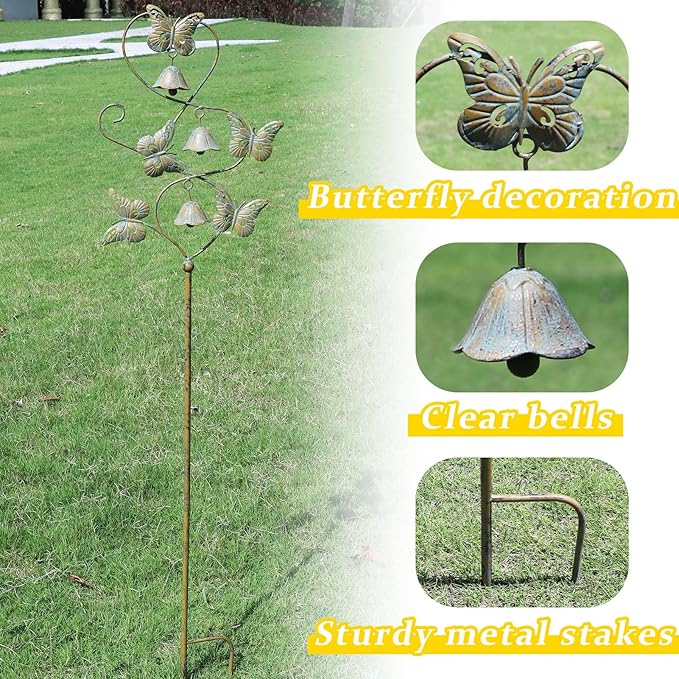 Butterflies Garden Stakes with Bells - Decorative Outdoor Yard Art, Decorative Garden Stakes for Outside Garden, Patio, Flower Bed, Pathway.