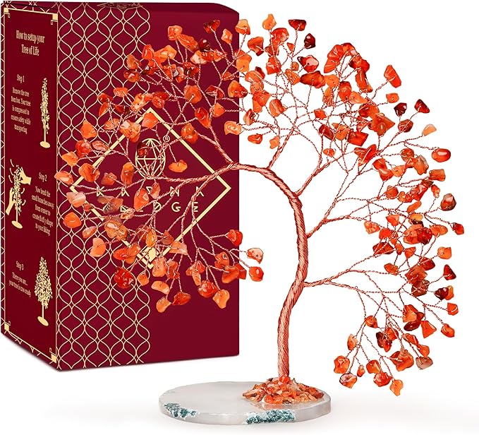 Carnelian Healing Crystal Tree of Life for Home and Office Decor, Positive Energy, Wealth, Good Luck, Reiki Healing Crystals and Stones, Handmade Feng Shui Decoration, Birthday Gifts for Women, Mom