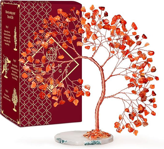 Carnelian Healing Crystal Tree of Life for Home and Office Decor, Positive Energy, Wealth, Good Luck, Reiki Healing Crystals and Stones, Handmade Feng Shui Decoration, Birthday Gifts for Women, Mom