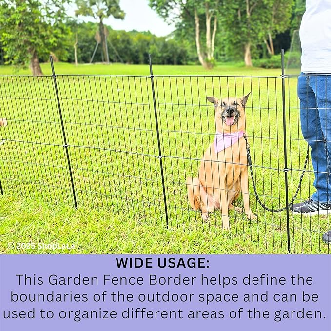 ShopLaLa Decorative Garden Fence (10 Panels) 28in(L) x 32in(H) Animal Barrier Fencing Rustproof Black Metal Wire Flower Edging for Yard Landscape, Small Dog Border No Dig Patio Outdoor Decor D-YC32