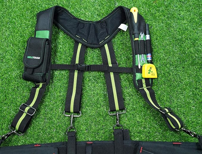 MELOTOUGH Tool Belt Suspenders Construction Work Suspenders with detachable phone holder comfortable foam shoulder padder (Oliver Green)
