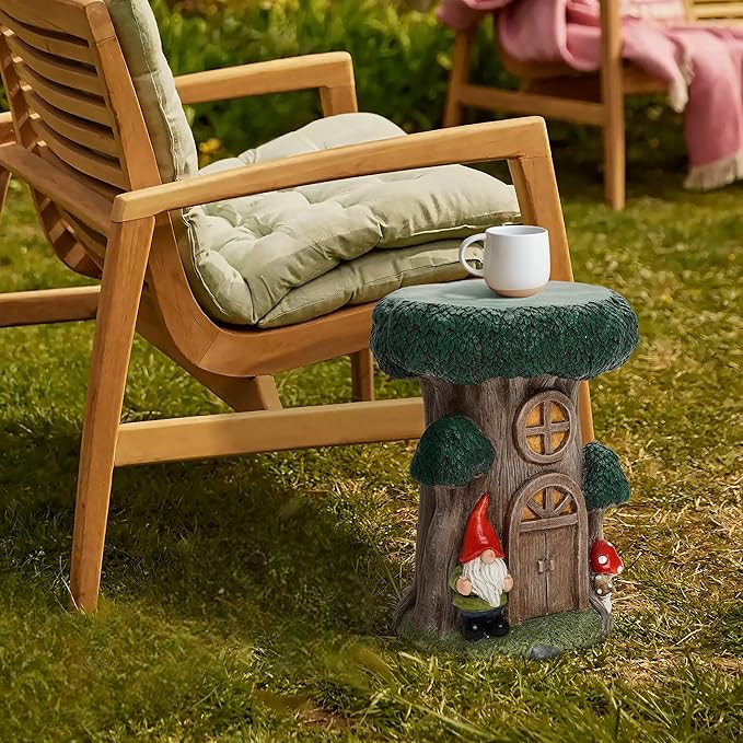 LuxenHome Gnome Garden Statue,17'' Tree House Statue, Outdoor Side Table, Plant Stand for Balcony, Gift, Large Garden Ornaments Yard Decor, Fairy House, Patio Side Table, Sculpture, Tree Stump