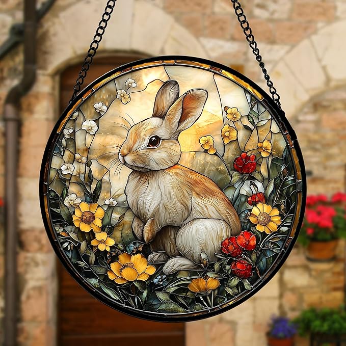 Stained Glass Window Hanging - Rabbit Flowers Suncatcher Ready to Hang Window Doors Home Decoration, Easter, Mother's Day Birthday Gifts for Women, Men, and Mom 7.8x7.8 in
