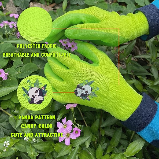 HANDLANDY 2 Pairs Kids Gardening Gloves, Toddler Children Garden Yard Work Outdoor Playing Gloves, Rubber Coating, for Girls Boys Youth (Size S, Green)