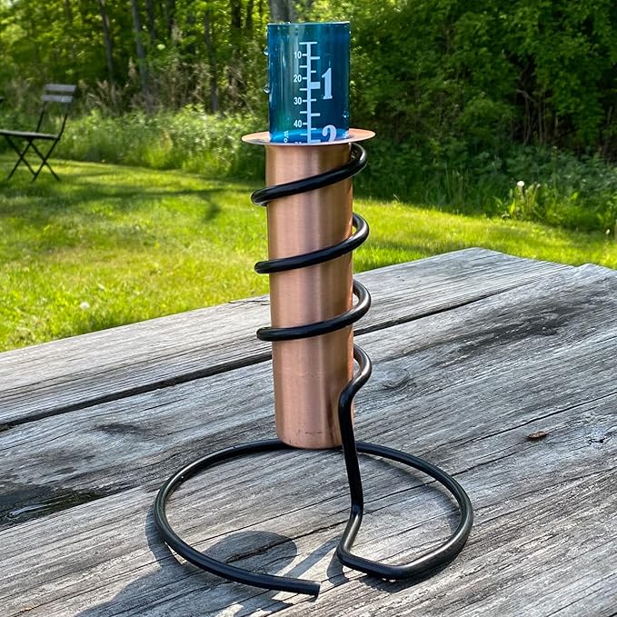 WCRG Copper Rain Gauge for Yard, Freestanding Steel Base - Outdoor Sprinkler Gauges, Shatterproof, Winter-Safe, Accurate, Decorative - The Original Floating Rain Gauge, USA Assembled & Designed