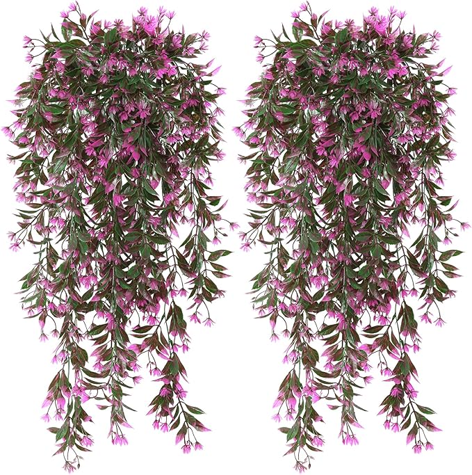 TOCHGREEN 4Pcs Artificial Hanging Plants Fern Vine, Faux Plastic Plants Fake Ivy Vine Greenery Garland with RoseRed Flower, Outdoor Indoor Decorations for Living Room Garden Wall Home Decor (Rose Red)