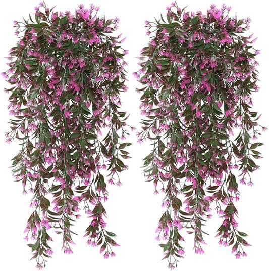 TOCHGREEN 4Pcs Artificial Hanging Plants Fern Vine, Faux Plastic Plants Fake Ivy Vine Greenery Garland with RoseRed Flower, Outdoor Indoor Decorations for Living Room Garden Wall Home Decor (Rose Red)