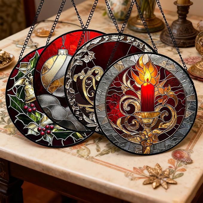 Stained Glass Window Hanging 4 Pcs Set Christmas Golden Bell Sleigh 7.8" - Suncatcher Door Garden Sun Catcher Decor Birthday Mother's Day Xmas Gifts for Mom Woman Nana Men Parents