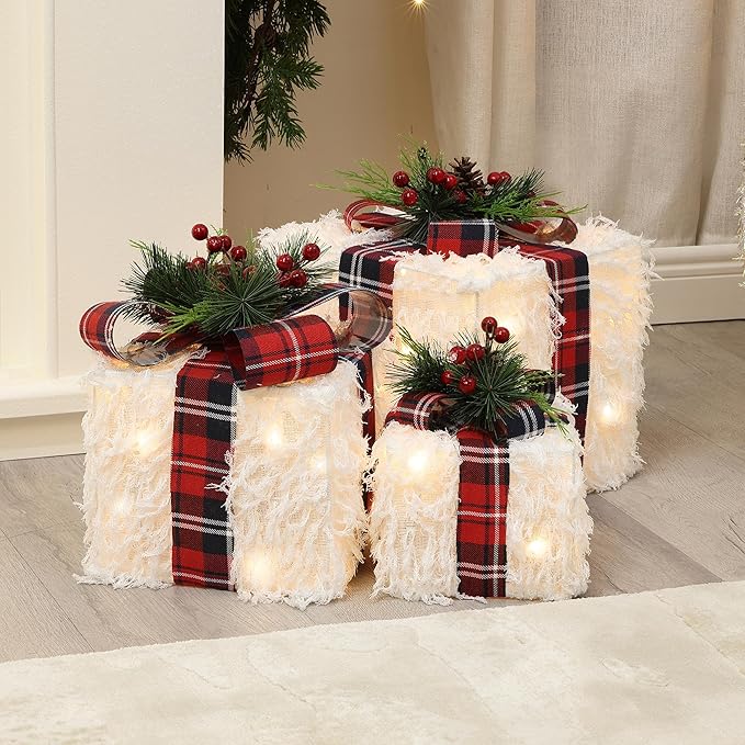 LuxenHome Set of 3 Lighted Gift Boxes, Battery Operated White Feathery Fabric with Red Ribbon Bow Boxes for Xmas, Lawn, Porch, Under Tree Indoor, Outdoor Christmas Decorations