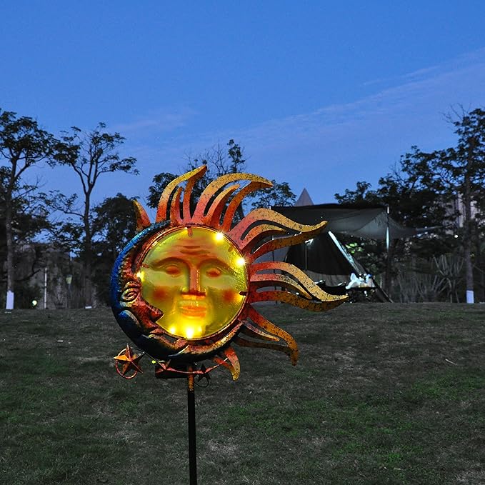 Solar Light Outdoor Garden Decoration Colorful Metal & Glass Sun Moon Star Garden Stake Decorative Waterproof Warm White LED Yard Decor for Pathway Lawn Patio Backyard