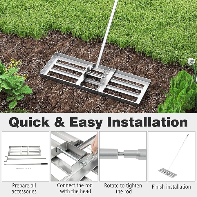 30" x 10" Lawn Leveling Rake, Heavy Duty Landscape Rake with 67" Handle, Non-Slip Grip & Flat Head, Space-Saving Lawn Level Tool for Garden, Backyard, Golf Course & Sports Field(Silver)