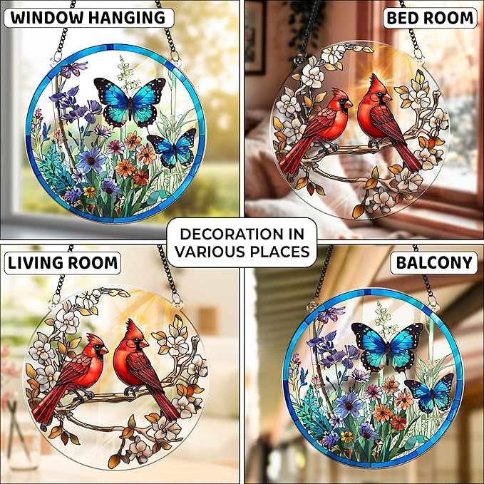 2 Cardinal Butterfly Acrylic Suncatcher, Art Decor for Home, Suncatcher for Window Hanging Indoor, Garden, Housewarming, Gift for Mom, Grandma, Women, Friend, Bird Lover SCB-A6-B3