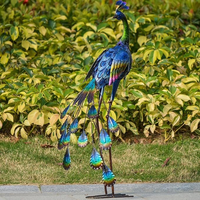 TERESA'S COLLECTIONS Outdoor Decor Peacock Yard Art Garden Sculptures & Statues for Porch Decor,35'' Blue Large Metal Bird Garden Decor for Outside, Yard Decorations Outdoor for Patio,Gifts for Mom