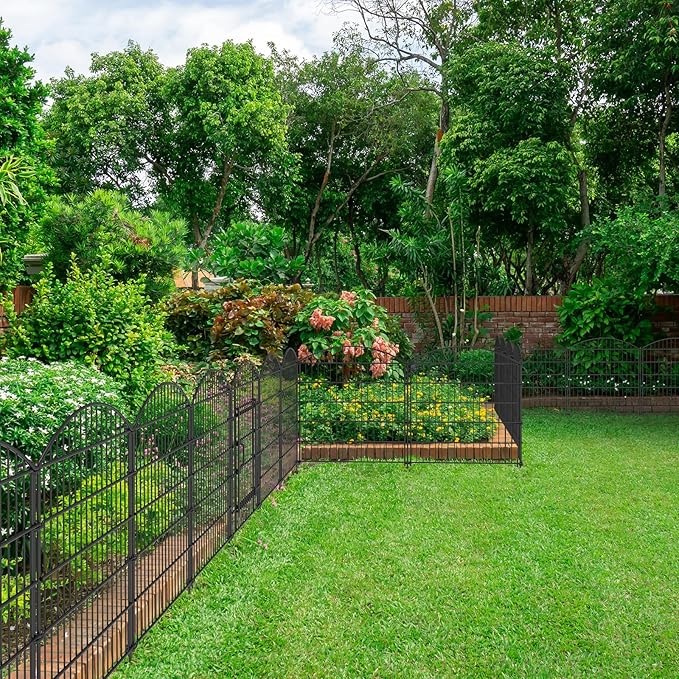 10 Panels Tall Decorative Garden Fence with Gate, 23.6ft(L) x31.5in(H) Animal Barrier Fence for Dogs, Tall Metal Fencing Panels for Yard, Rustproof Steel Border for Garden, Patio, Lawn