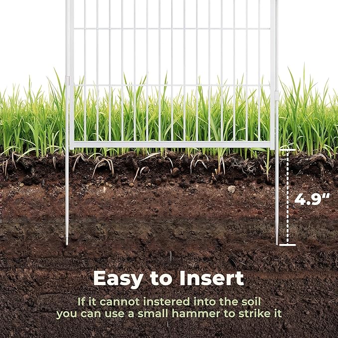 SunsGrove Garden Fence 40 in(H) x 8.9 ft(L) 4 Panels, Heavy Duty Metal Animal Barrier Fence for Dogs, Easy No-Dig Setup, Decorative Dog Fences, White