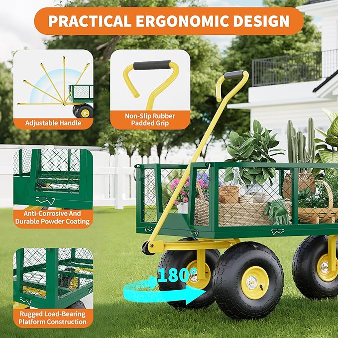 500 Lbs Garden Wagon, 2-in-1 Heavy-Duty Steel Garden Cart, with 10 Inch All-Terrain Tires and Removable Mesh Side Panels, 180° Rotating Handle, Metal Multi-Function Carts, Outdoor Gardens Wagon Cart