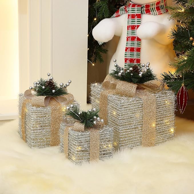 LuxenHome Set of 3 Lighted Gift Boxes, Battery Operated Silver Tinsel with Gold Ribbon Bow Boxes for Xmas, Lawn, Porch, Under Tree Indoor, Outdoor Christmas Decorations